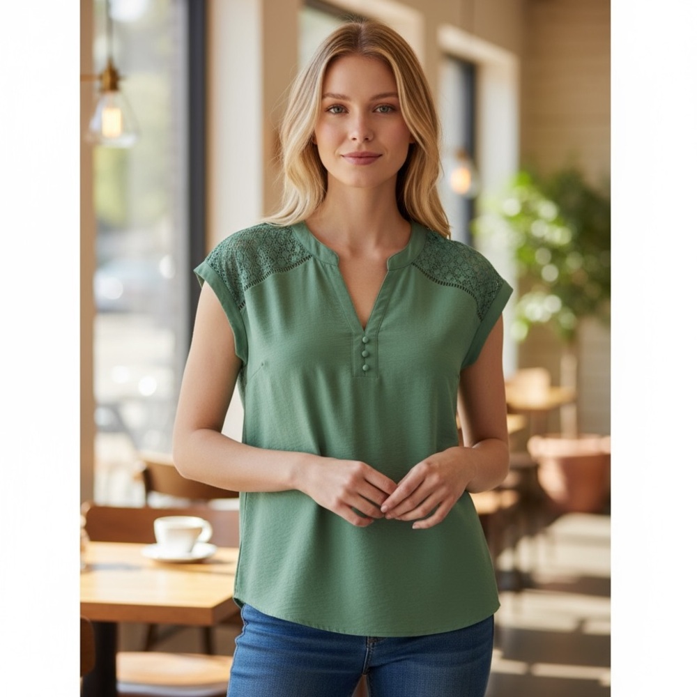 Cap sleeve lace detail green shirt‎